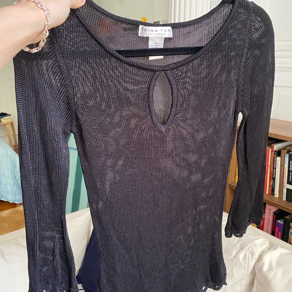 Trina Turk Black Sheer Knit Keyhole Long Sleeve Top Vintage - Picture 1 of 7